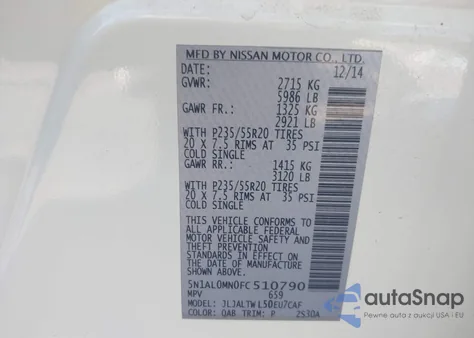 2015 Infiniti Qx60 from USA, damaged, VIN 5N1AL0MN0FC510790